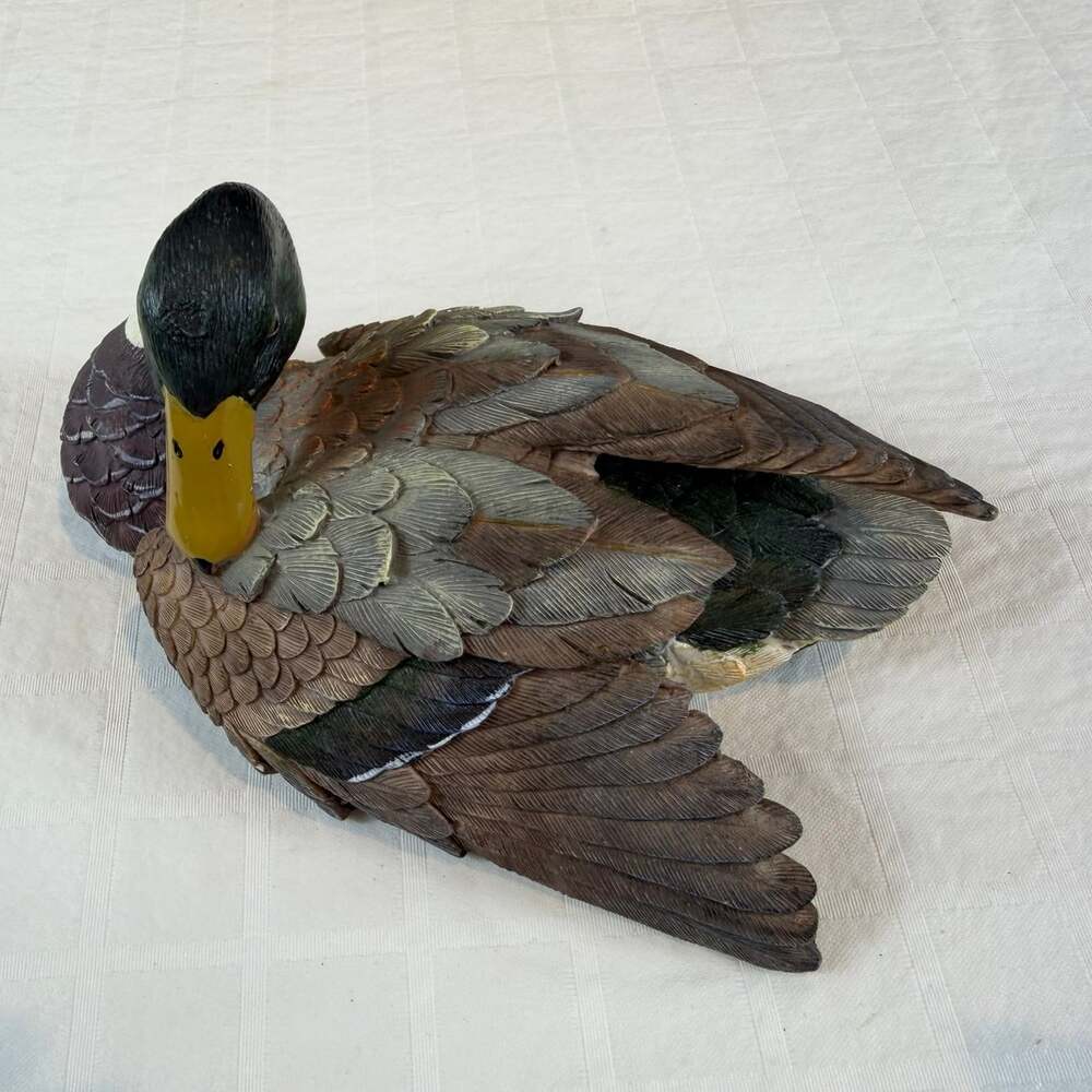 Vintage painted resin decorative Mallard Drake Duck Decoy Figure Extended Wing